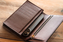 Load image into Gallery viewer, Interior of the long leather wallet contains 6 card slots and a zipped pocket can fit an iphone